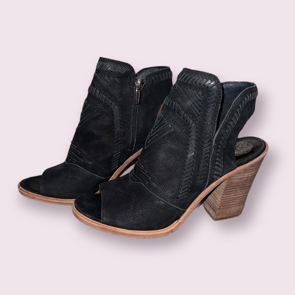 Vince Camuto Karinta Black Stitching Peeptoe Zip Stacked Block Heel Size W11 - Picture 4 of 6